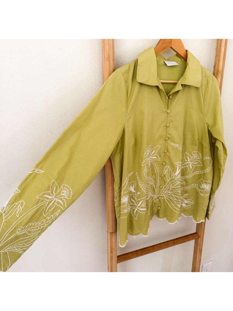 Nwot Rue Stiic S Embroidered Cotton Button Front Blouse Olive Green Scalloped — image 3 of 8